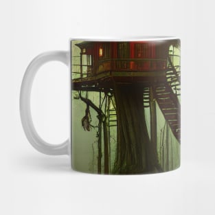 Magical Cottage Tree House with Lights in Forest with High Trees, Scenery Nature Mug